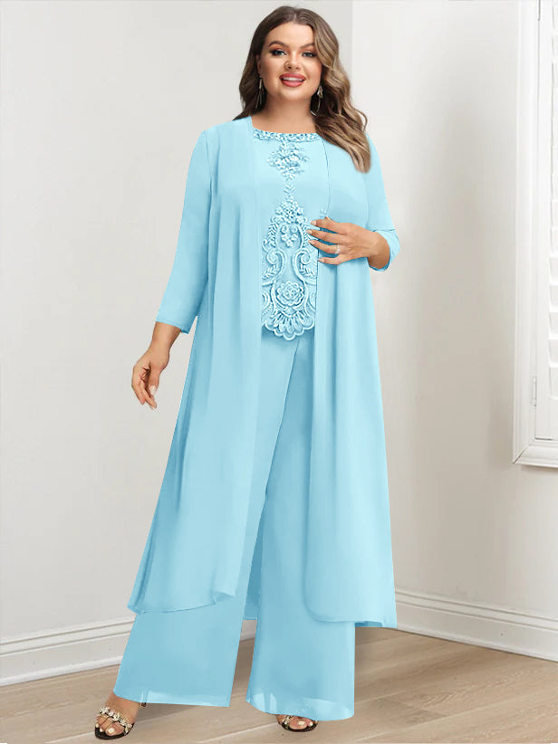 Plus Size Long Chiffon Pantsuit for the Mother of the Bride with Round Neck and Applique Jacket
