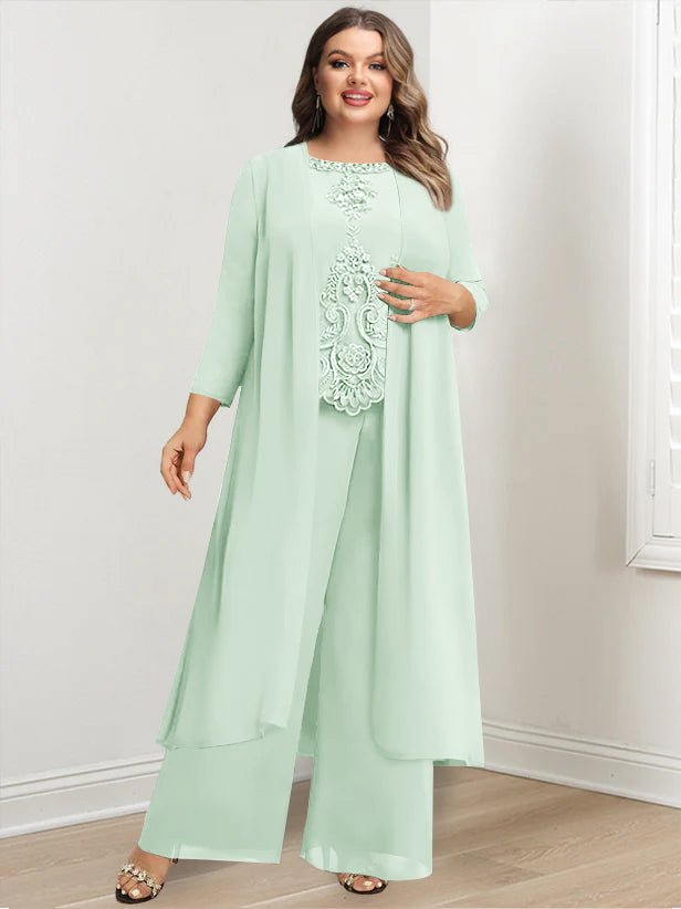 Plus Size Long Chiffon Pantsuit for the Mother of the Bride with Round Neck and Applique Jacket