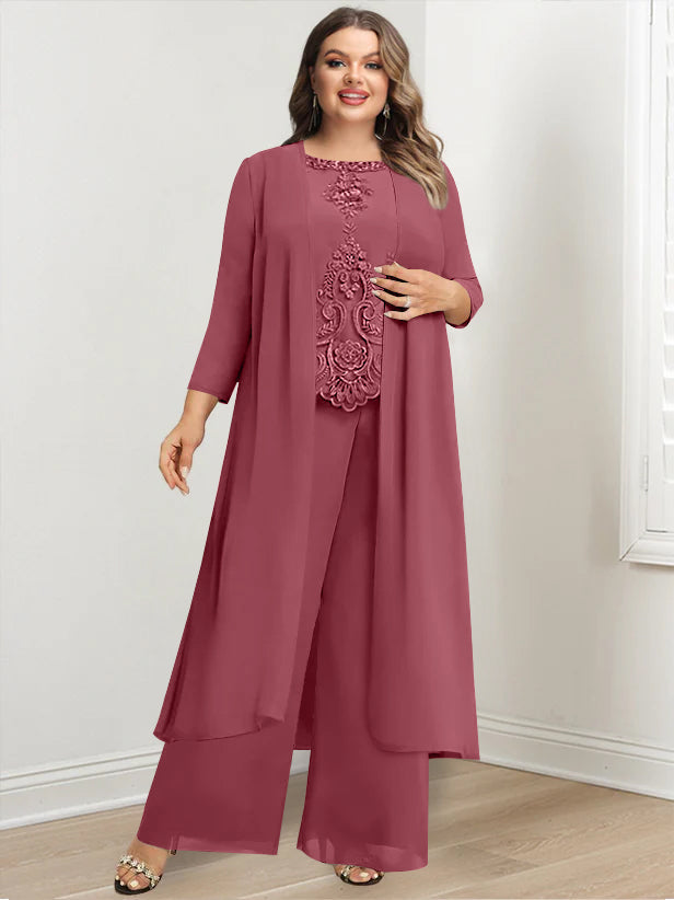 Plus Size Long Chiffon Pantsuit for the Mother of the Bride with Round Neck and Applique Jacket