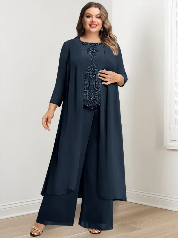 Plus Size Long Chiffon Pantsuit for the Mother of the Bride with Round Neck and Applique Jacket