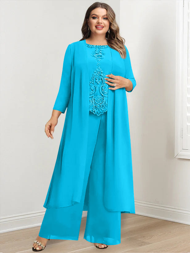 Plus Size Long Chiffon Pantsuit for the Mother of the Bride with Round Neck and Applique Jacket