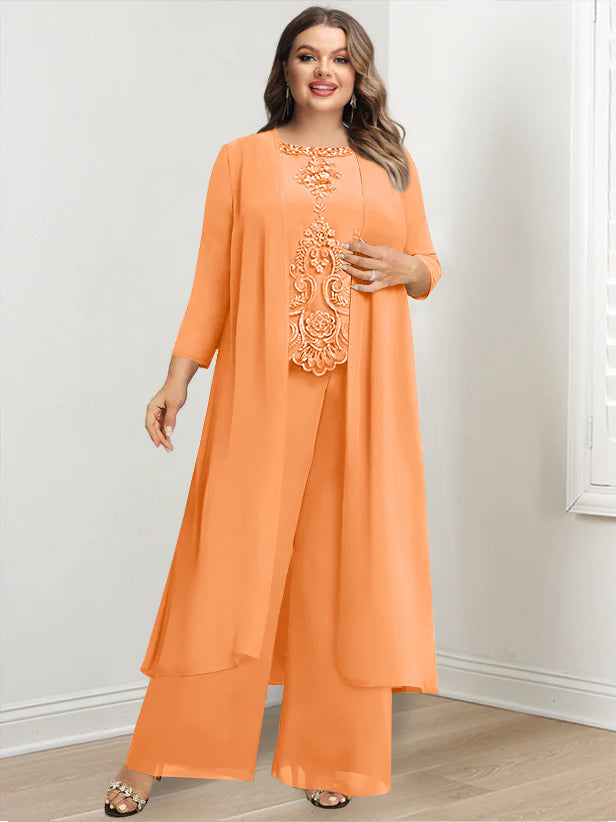 Plus Size Long Chiffon Pantsuit for the Mother of the Bride with Round Neck and Applique Jacket
