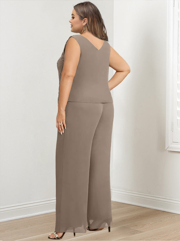 Plus Size Long Chiffon Pantsuit for the Mother of the Bride with Round Neck and Applique Jacket