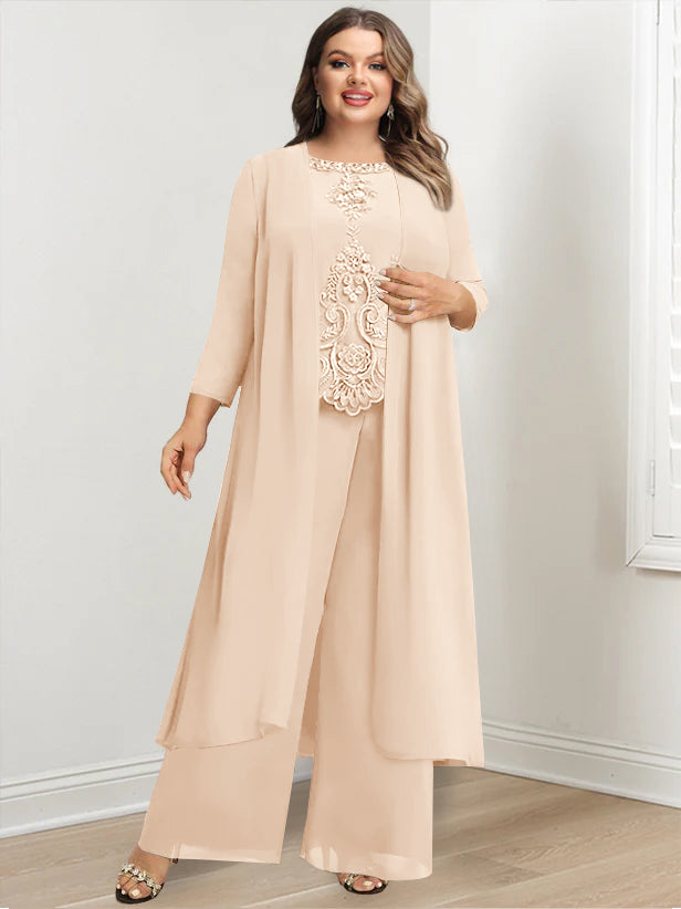 Plus Size Long Chiffon Pantsuit for the Mother of the Bride with Round Neck and Applique Jacket