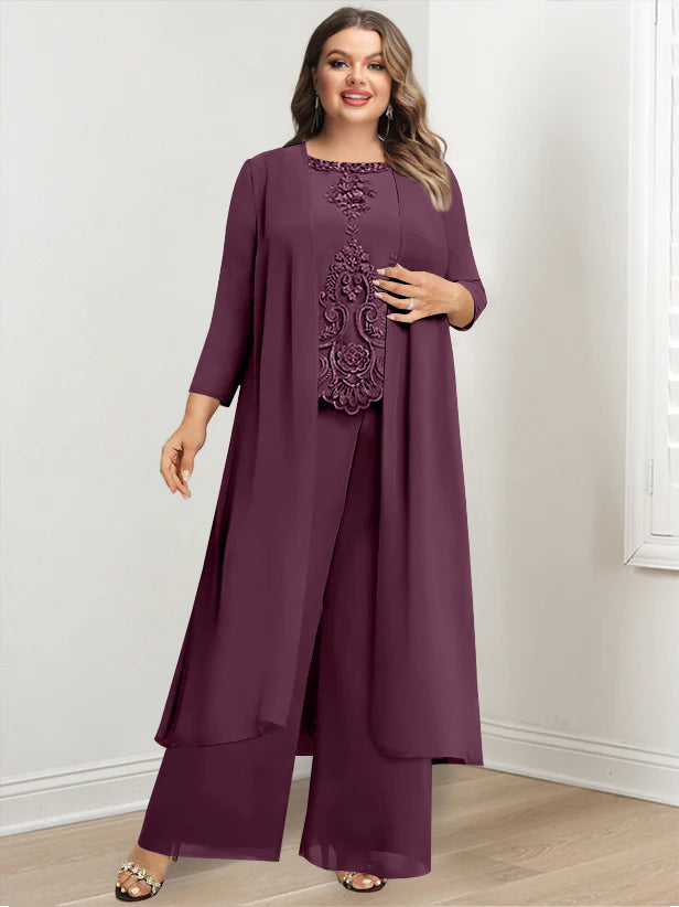 Plus Size Long Chiffon Pantsuit for the Mother of the Bride with Round Neck and Applique Jacket