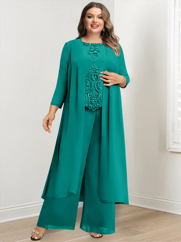 Plus Size Long Chiffon Pantsuit for the Mother of the Bride with Round Neck and Applique Jacket