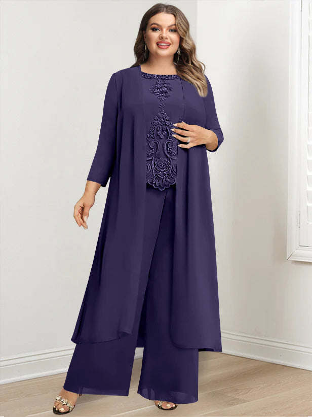 Plus Size Long Chiffon Pantsuit for the Mother of the Bride with Round Neck and Applique Jacket