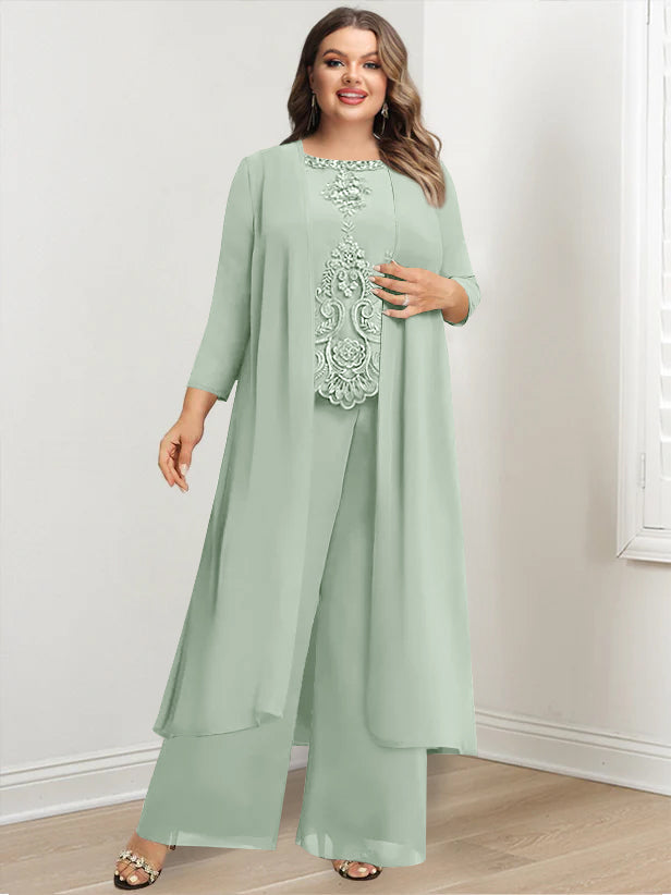 Plus Size Long Chiffon Pantsuit for the Mother of the Bride with Round Neck and Applique Jacket