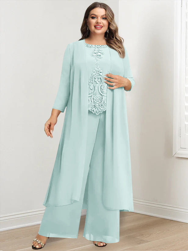 Plus Size Long Chiffon Pantsuit for the Mother of the Bride with Round Neck and Applique Jacket