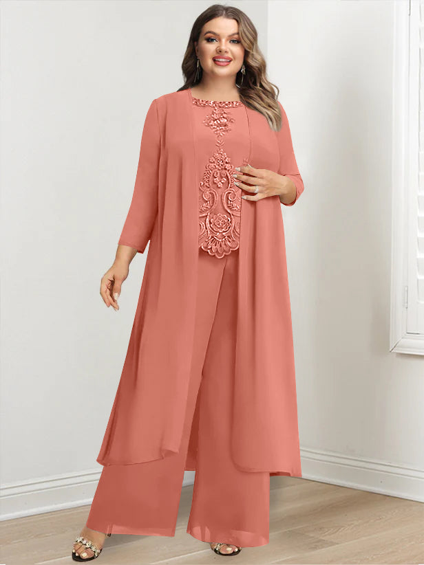 Plus Size Long Chiffon Pantsuit for the Mother of the Bride with Round Neck and Applique Jacket