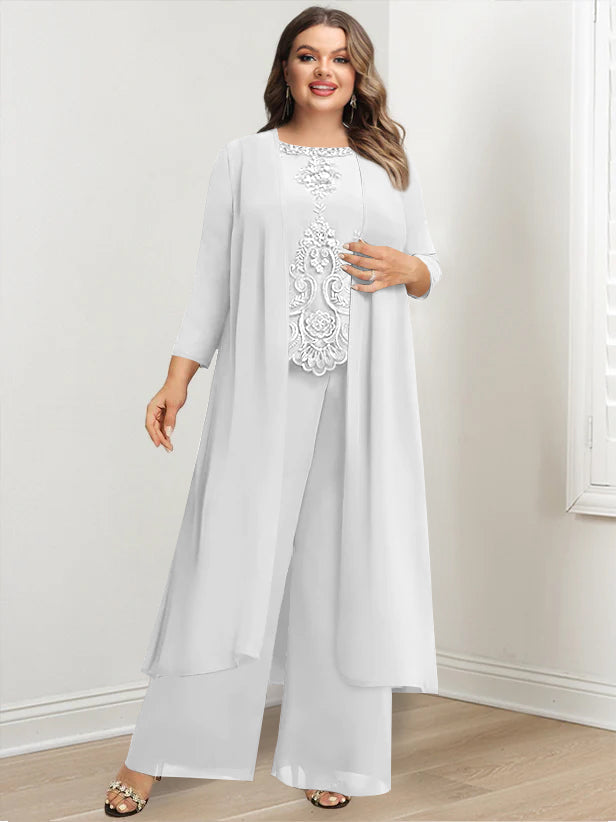 Plus Size Long Chiffon Pantsuit for the Mother of the Bride with Round Neck and Applique Jacket