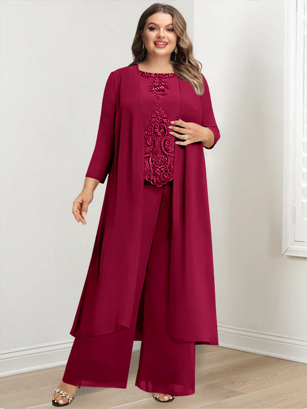 Plus Size Long Chiffon Pantsuit for the Mother of the Bride with Round Neck and Applique Jacket