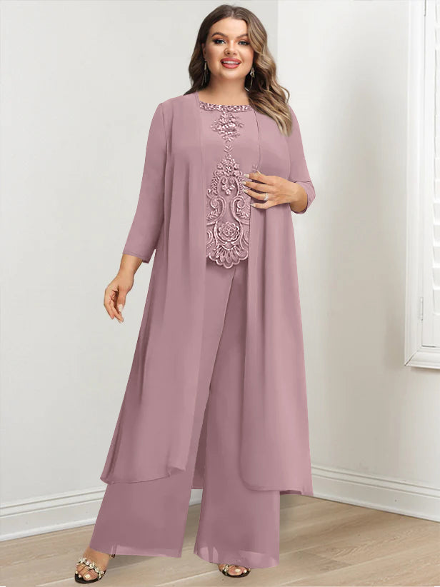 Plus Size Long Chiffon Pantsuit for the Mother of the Bride with Round Neck and Applique Jacket