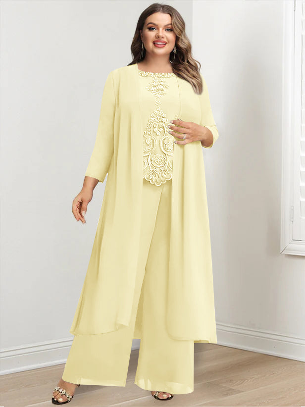 Plus Size Long Chiffon Pantsuit for the Mother of the Bride with Round Neck and Applique Jacket