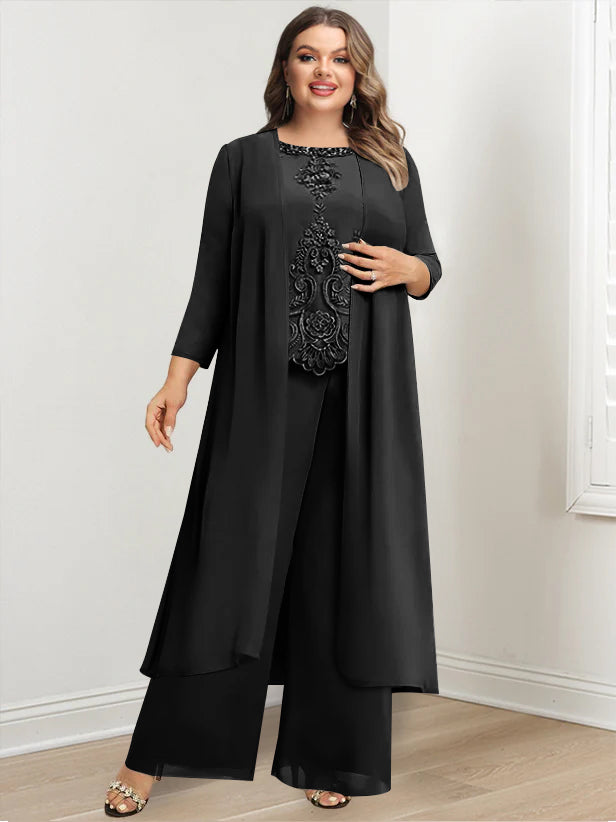 Plus Size Long Chiffon Pantsuit for the Mother of the Bride with Round Neck and Applique Jacket