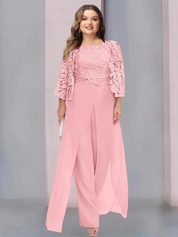 Plus Size Long Chiffon Pantsuit for the Mother of the Bride with Square Neck and Side Split