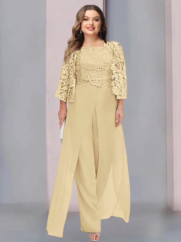 Plus Size Long Chiffon Pantsuit for the Mother of the Bride with Square Neck and Side Split