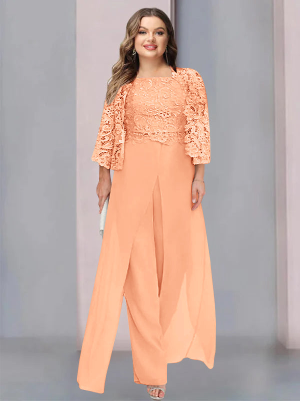 Plus Size Long Chiffon Pantsuit for the Mother of the Bride with Square Neck and Side Split