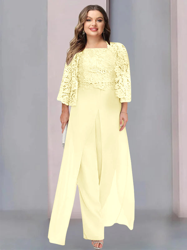 Plus Size Long Chiffon Pantsuit for the Mother of the Bride with Square Neck and Side Split