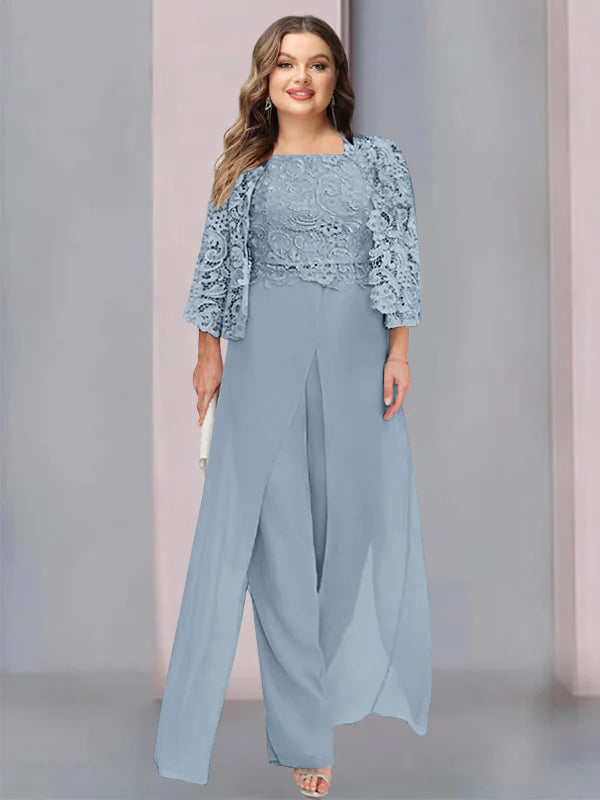 Plus Size Long Chiffon Pantsuit for the Mother of the Bride with Square Neck and Side Split