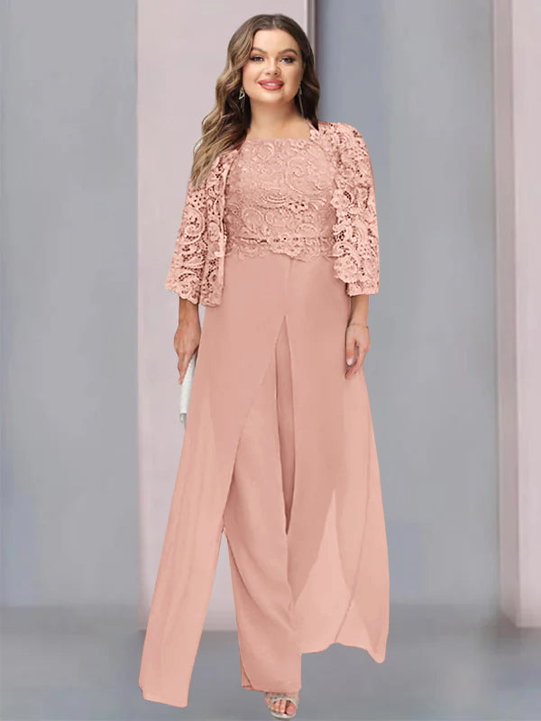Plus Size Long Chiffon Pantsuit for the Mother of the Bride with Square Neck and Side Split