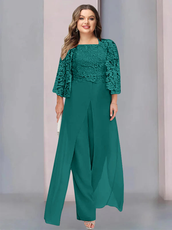 Plus Size Long Chiffon Pantsuit for the Mother of the Bride with Square Neck and Side Split