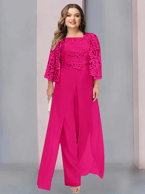 Plus Size Long Chiffon Pantsuit for the Mother of the Bride with Square Neck and Side Split