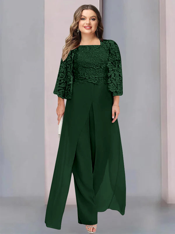 Plus Size Long Chiffon Pantsuit for the Mother of the Bride with Square Neck and Side Split