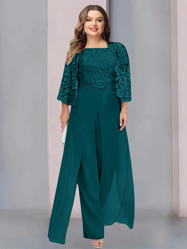 Plus Size Long Chiffon Pantsuit for the Mother of the Bride with Square Neck and Side Split
