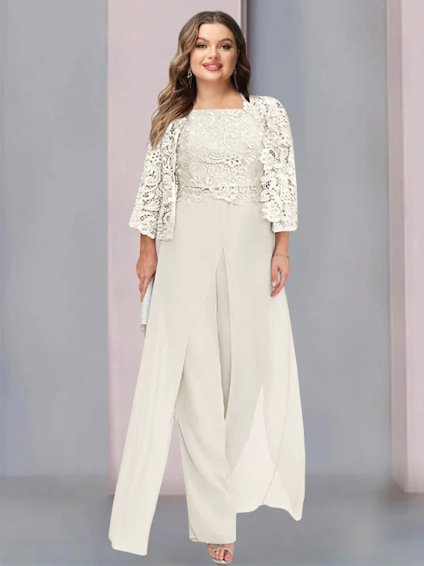 Plus Size Long Chiffon Pantsuit for the Mother of the Bride with Square Neck and Side Split