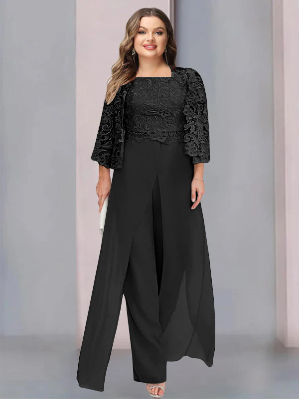 Plus Size Long Chiffon Pantsuit for the Mother of the Bride with Square Neck and Side Split