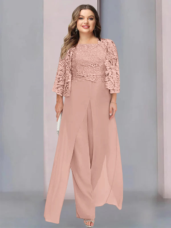 Plus Size Long Chiffon Pantsuit for the Mother of the Bride with Square Neck and Side Split