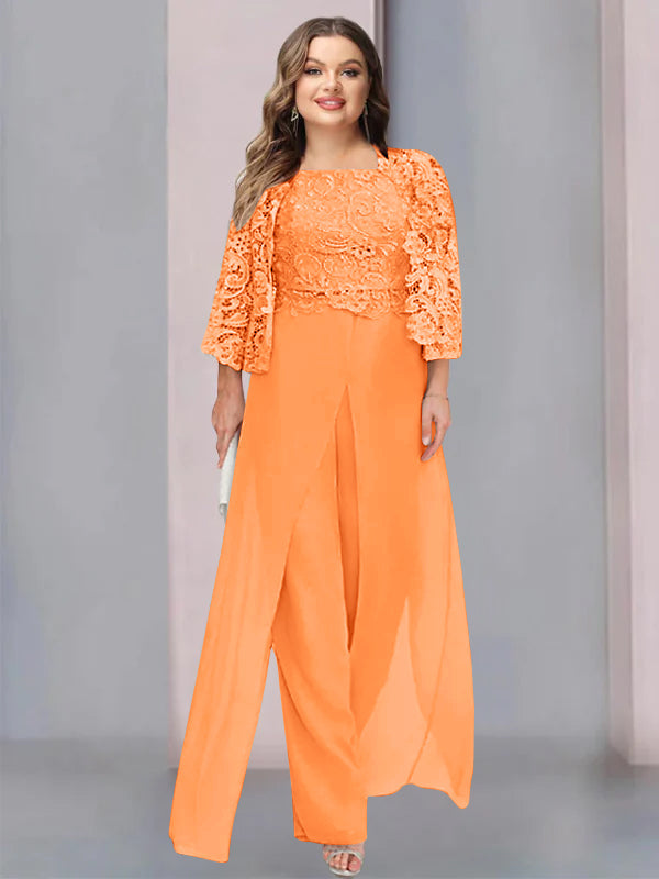Plus Size Long Chiffon Pantsuit for the Mother of the Bride with Square Neck and Side Split