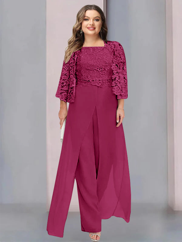 Plus Size Long Chiffon Pantsuit for the Mother of the Bride with Square Neck and Side Split