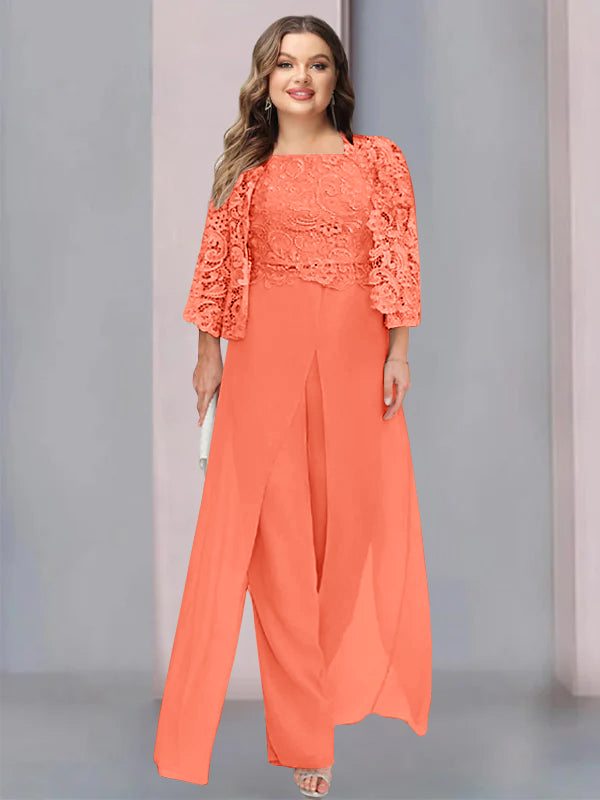 Plus Size Long Chiffon Pantsuit for the Mother of the Bride with Square Neck and Side Split
