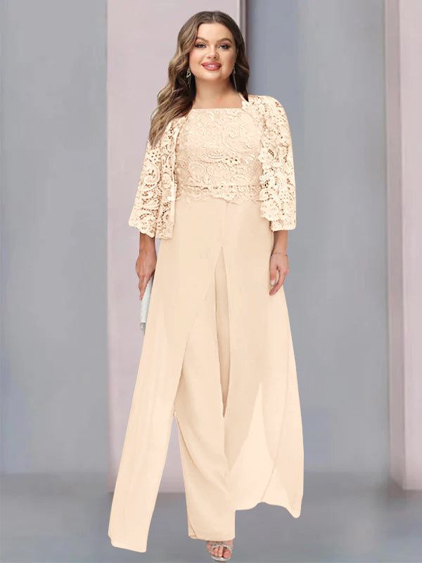 Plus Size Long Chiffon Pantsuit for the Mother of the Bride with Square Neck and Side Split