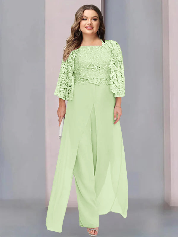 Plus Size Long Chiffon Pantsuit for the Mother of the Bride with Square Neck and Side Split