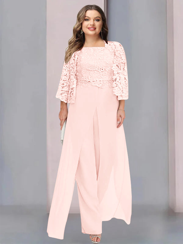 Plus Size Long Chiffon Pantsuit for the Mother of the Bride with Square Neck and Side Split