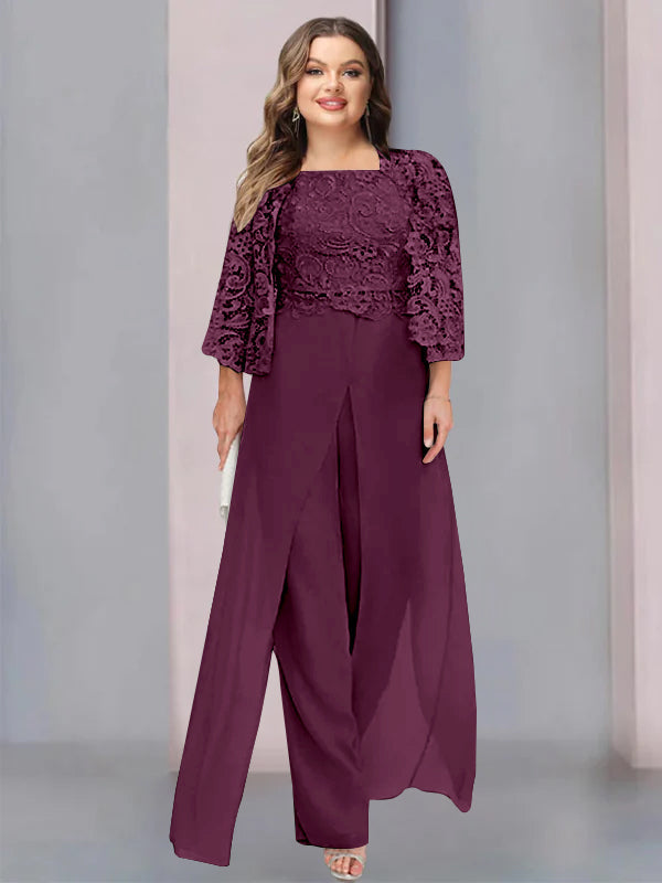 Plus Size Long Chiffon Pantsuit for the Mother of the Bride with Square Neck and Side Split