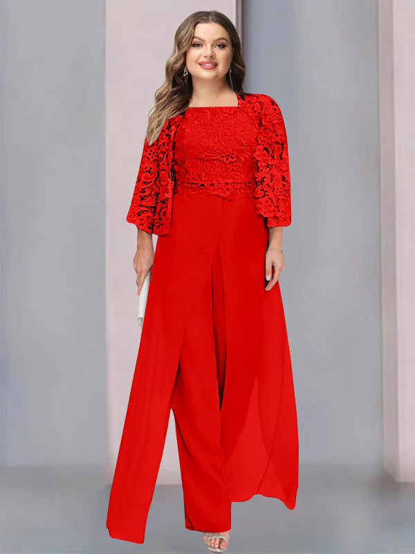Plus Size Long Chiffon Pantsuit for the Mother of the Bride with Square Neck and Side Split