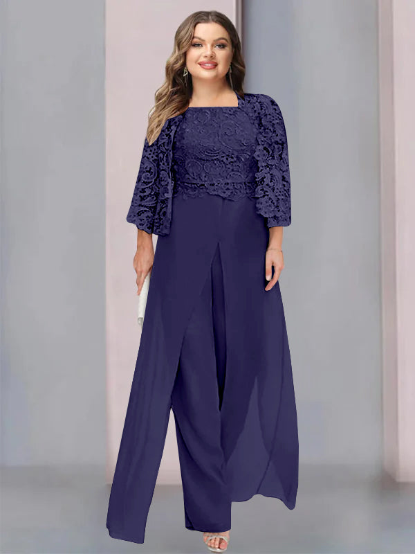 Plus Size Long Chiffon Pantsuit for the Mother of the Bride with Square Neck and Side Split