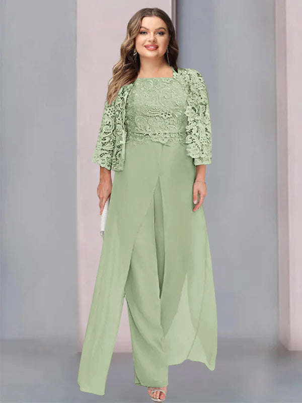 Plus Size Long Chiffon Pantsuit for the Mother of the Bride with Square Neck and Side Split