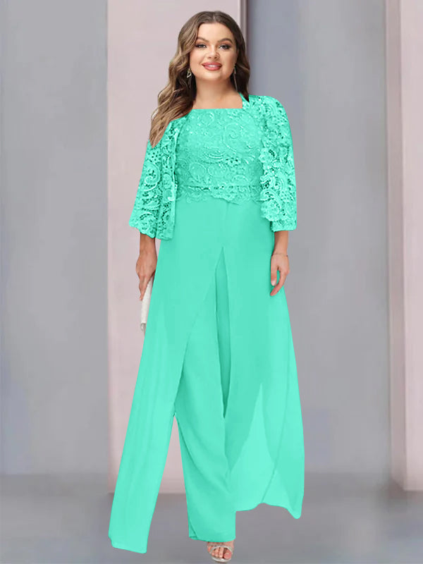 Plus Size Long Chiffon Pantsuit for the Mother of the Bride with Square Neck and Side Split