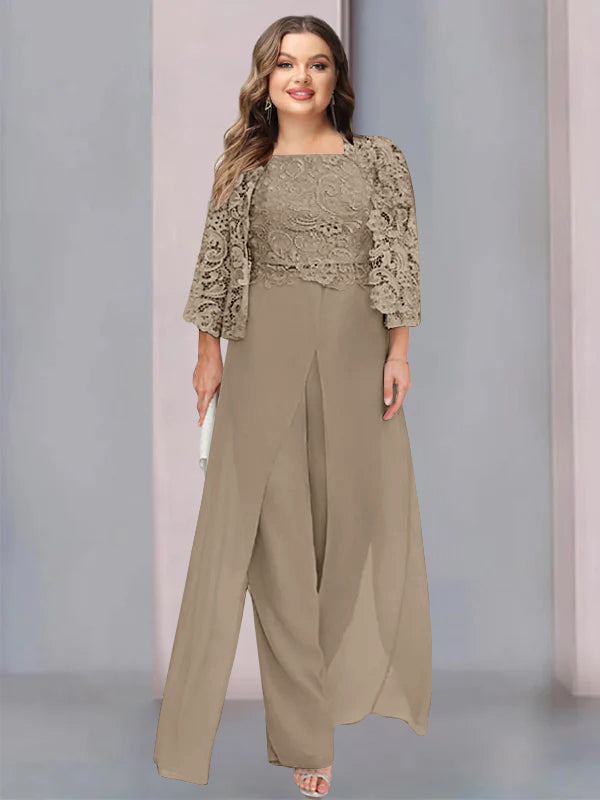 Plus Size Long Chiffon Pantsuit for the Mother of the Bride with Square Neck and Side Split