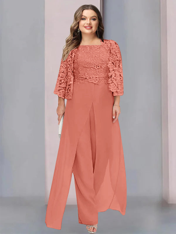 Plus Size Long Chiffon Pantsuit for the Mother of the Bride with Square Neck and Side Split
