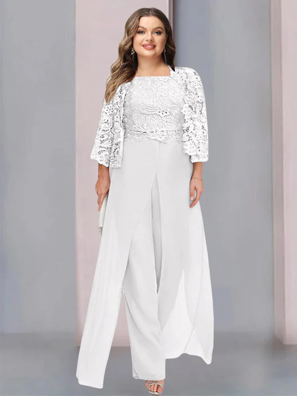 Plus Size Long Chiffon Pantsuit for the Mother of the Bride with Square Neck and Side Split