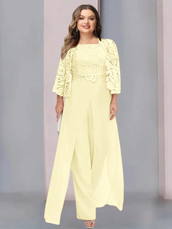 Plus Size Long Chiffon Pantsuit for the Mother of the Bride with Square Neck and Side Split