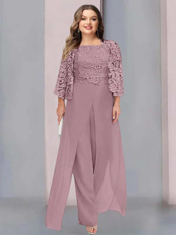 Plus Size Long Chiffon Pantsuit for the Mother of the Bride with Square Neck and Side Split