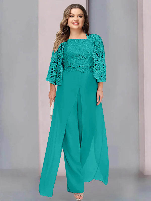 Plus Size Long Chiffon Pantsuit for the Mother of the Bride with Square Neck and Side Split