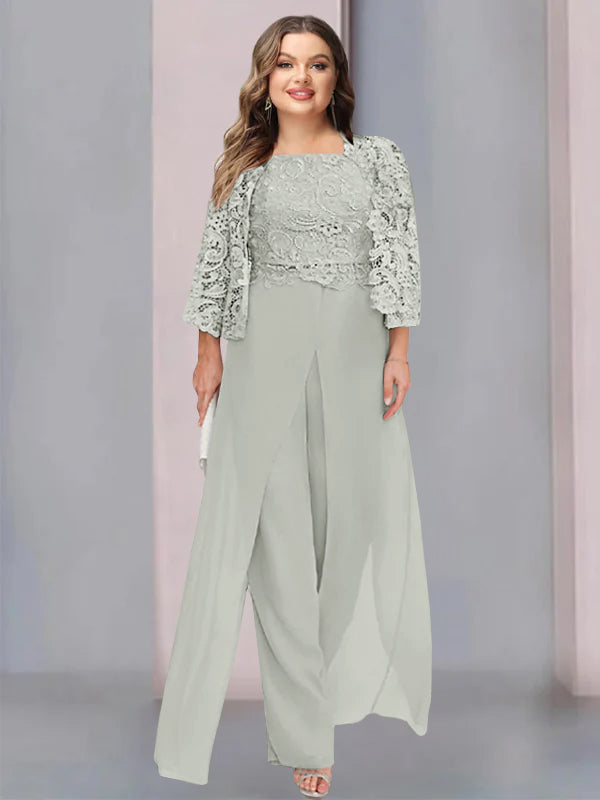 Plus Size Long Chiffon Pantsuit for the Mother of the Bride with Square Neck and Side Split